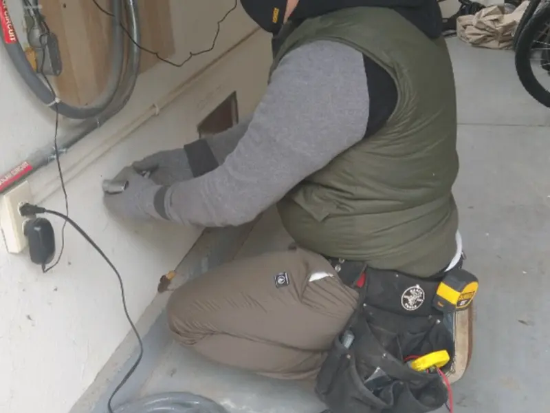 Electrician performing outlet wiring in a Trent Woods garage